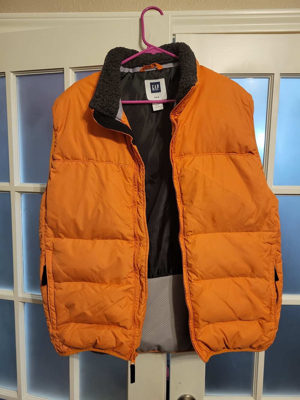 GAP Orange Puffer Jacket Vest with Black Sherpa Collar
